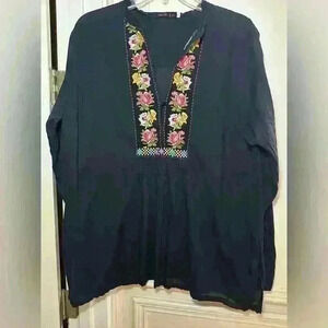 Johnny Was Black Embroidered Long Sleeve Tunic Top Boho Large